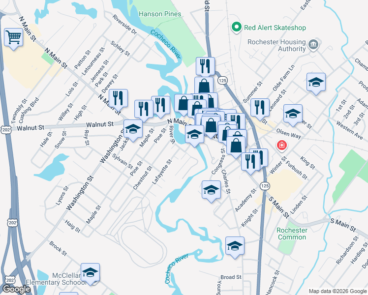 map of restaurants, bars, coffee shops, grocery stores, and more near 40 River Street in Rochester