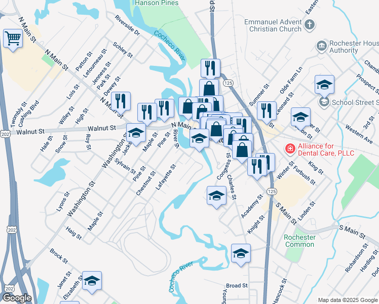 map of restaurants, bars, coffee shops, grocery stores, and more near 10 Lafayette Street in Rochester
