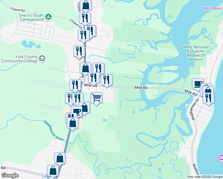 map of restaurants, bars, coffee shops, grocery stores, and more near 57 Merrifield Court in Wells