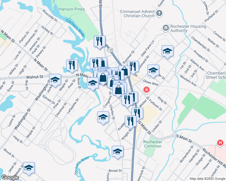 map of restaurants, bars, coffee shops, grocery stores, and more near 21 South Main Street in Rochester