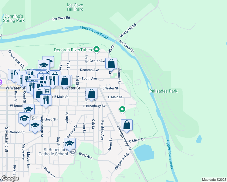 map of restaurants, bars, coffee shops, grocery stores, and more near 812 E Main St in Decorah
