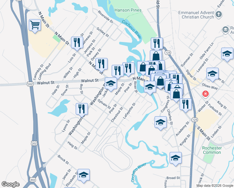 map of restaurants, bars, coffee shops, grocery stores, and more near 43 Pine Street in Rochester