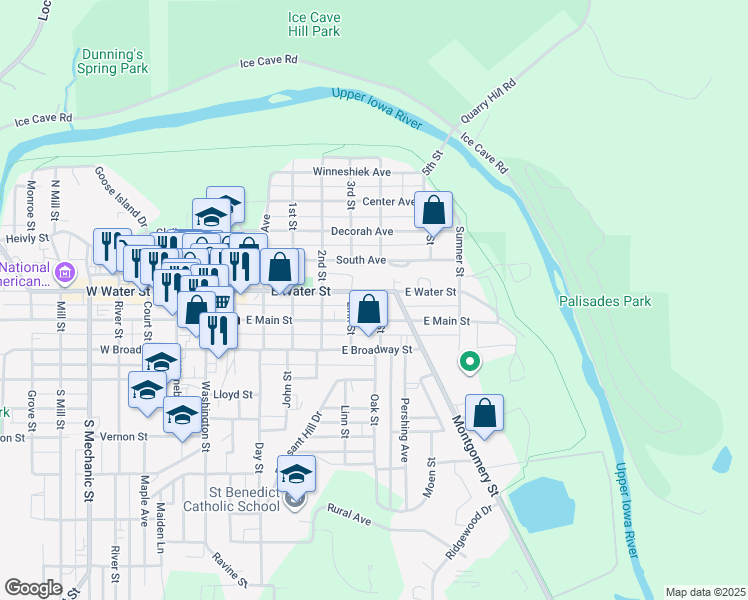 map of restaurants, bars, coffee shops, grocery stores, and more near 198 Linn Street in Decorah