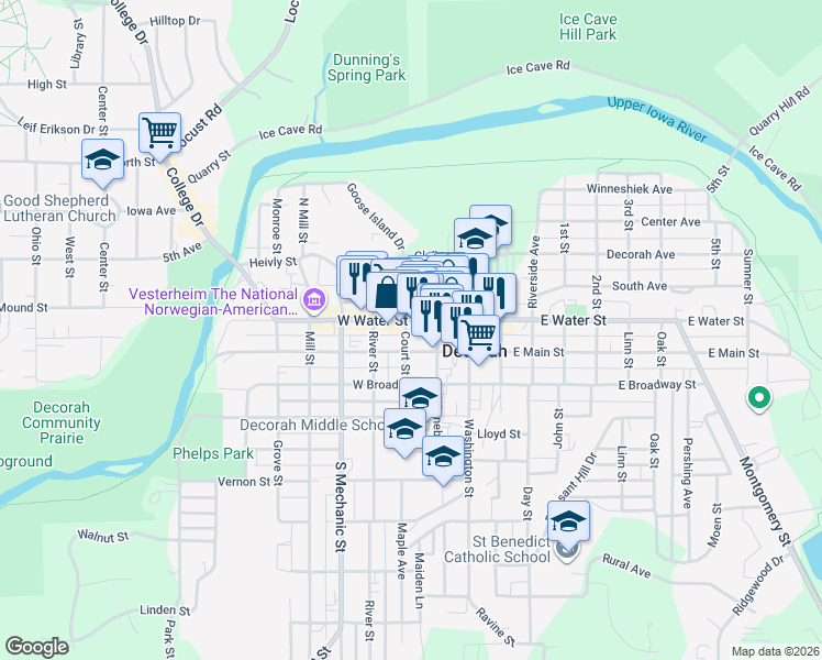 map of restaurants, bars, coffee shops, grocery stores, and more near 208 W Main St in Decorah