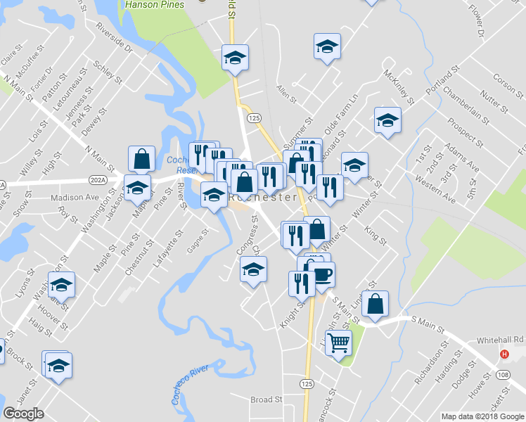 map of restaurants, bars, coffee shops, grocery stores, and more near 18 South Main Street in Rochester