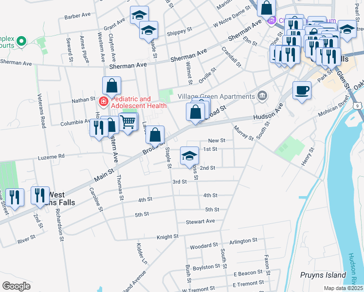 map of restaurants, bars, coffee shops, grocery stores, and more near 53 1st Street in Glens Falls