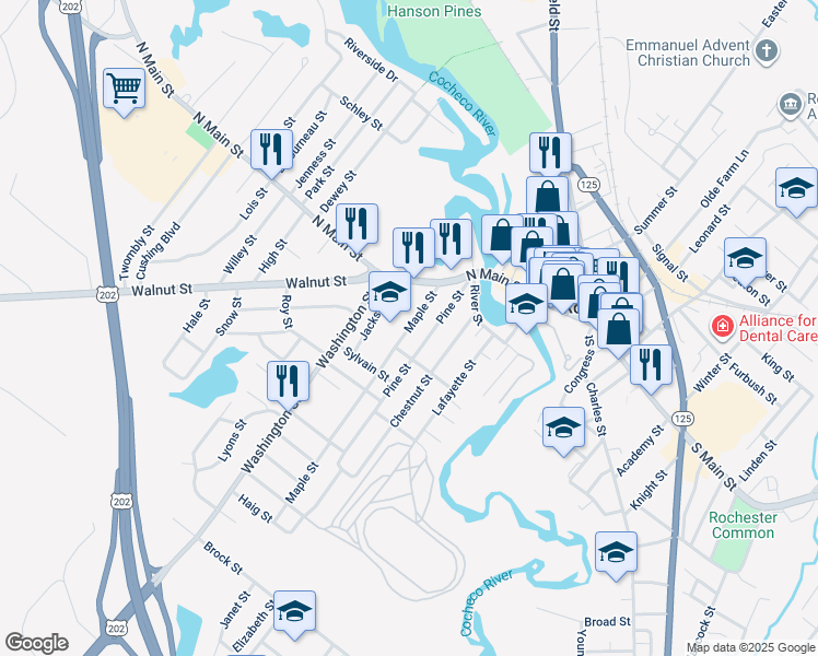 map of restaurants, bars, coffee shops, grocery stores, and more near 27 Maple Street in Rochester