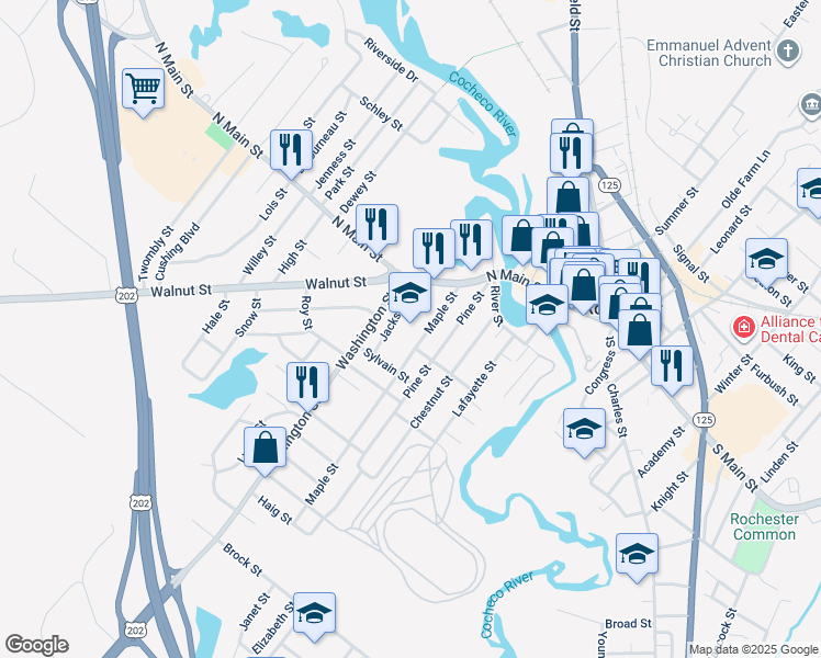 map of restaurants, bars, coffee shops, grocery stores, and more near 27 Maple Street in Rochester