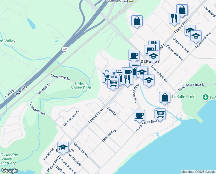 map of restaurants, bars, coffee shops, grocery stores, and more near 1032 Howard Road in Burlington