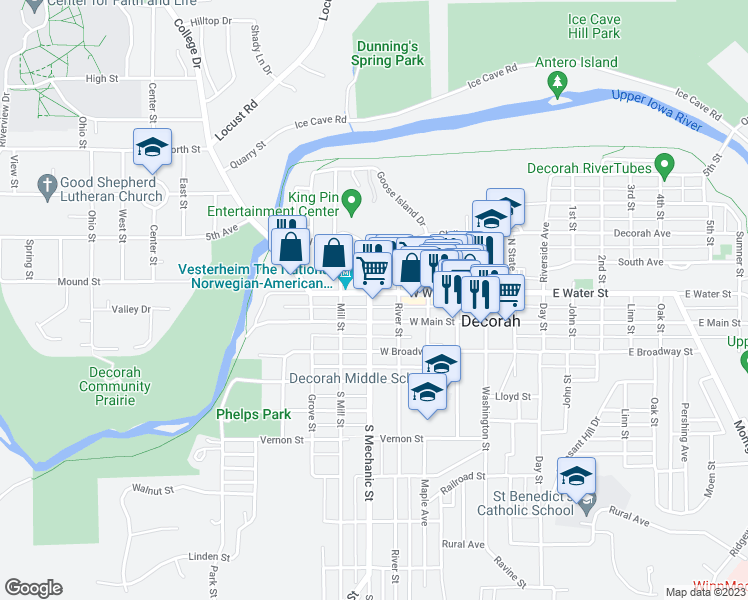 map of restaurants, bars, coffee shops, grocery stores, and more near 421 West Water Street in Decorah