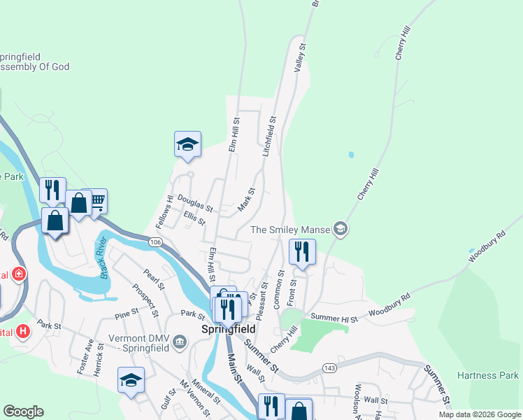 map of restaurants, bars, coffee shops, grocery stores, and more near 13 Litchfield Street in Springfield