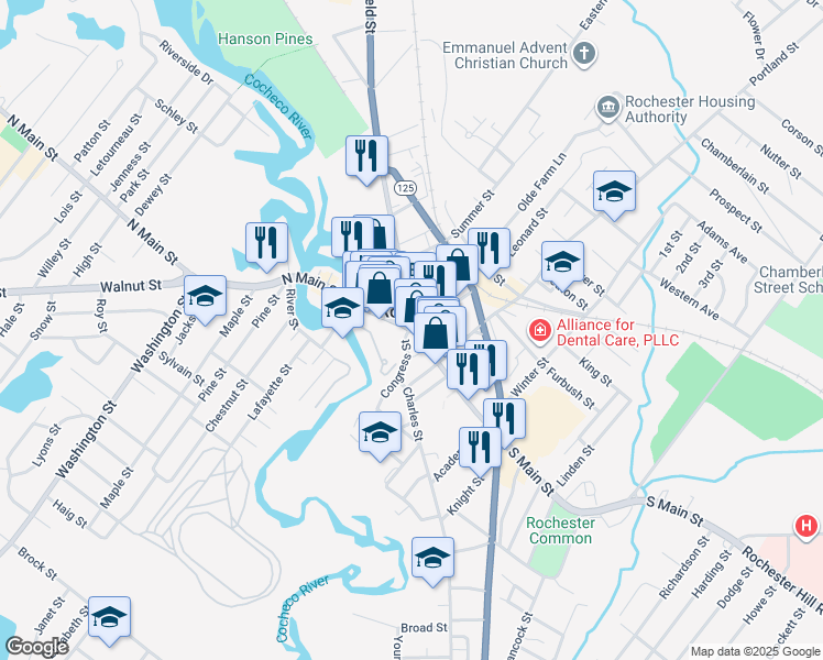 map of restaurants, bars, coffee shops, grocery stores, and more near 21 South Main Street in Rochester