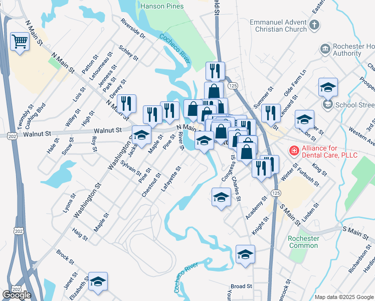 map of restaurants, bars, coffee shops, grocery stores, and more near 30 River Street in Rochester