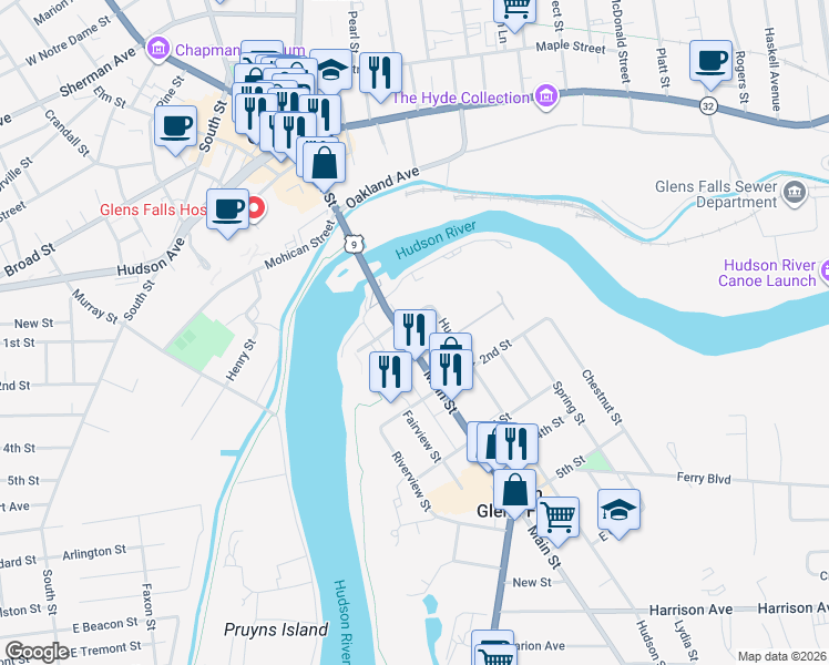 map of restaurants, bars, coffee shops, grocery stores, and more near 21 Main Street in South Glens Falls