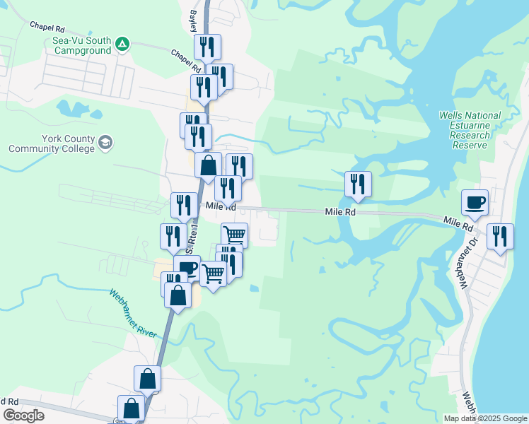 map of restaurants, bars, coffee shops, grocery stores, and more near 57 Merrifield Court in Wells