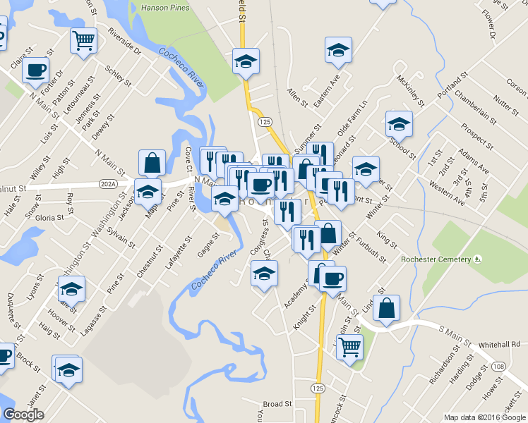 map of restaurants, bars, coffee shops, grocery stores, and more near 21 South Main Street in Rochester