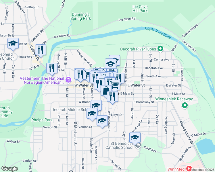 map of restaurants, bars, coffee shops, grocery stores, and more near 101 West Water Street in Decorah