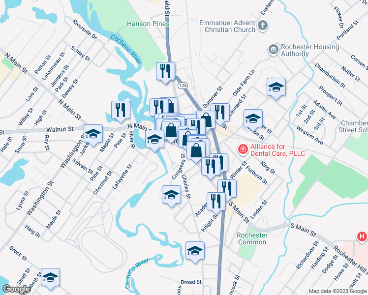 map of restaurants, bars, coffee shops, grocery stores, and more near 21 South Main Street in Rochester