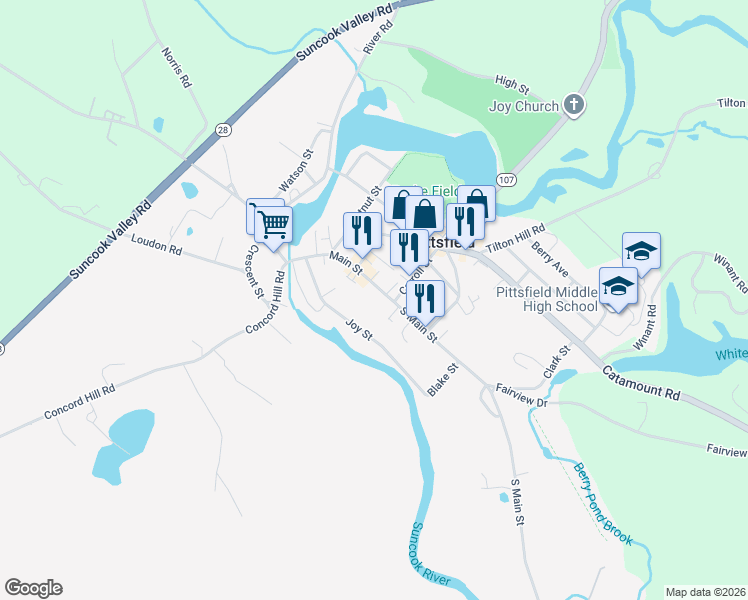 map of restaurants, bars, coffee shops, grocery stores, and more near 59 Main Street in Pittsfield