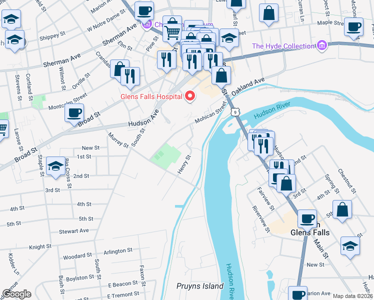 map of restaurants, bars, coffee shops, grocery stores, and more near 2 Henry Street in Glens Falls