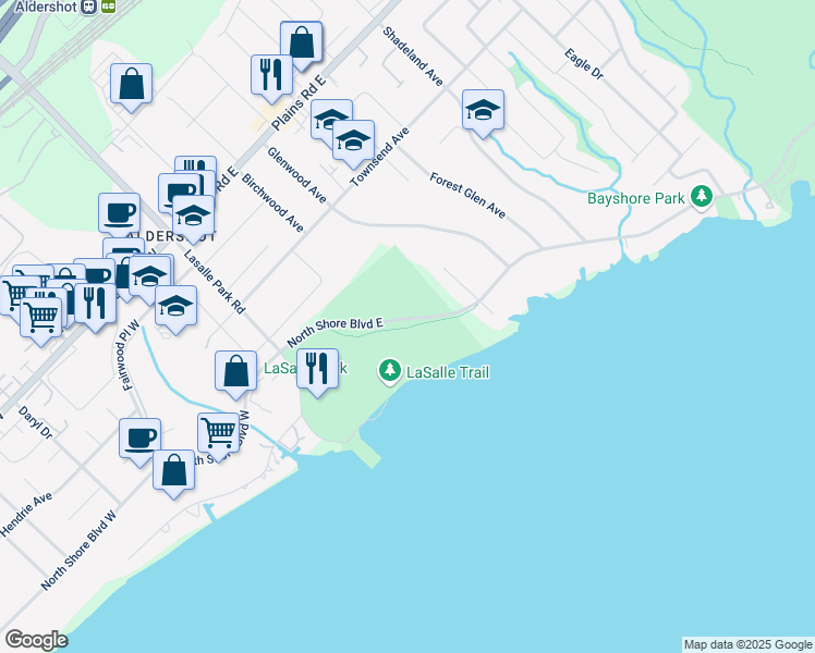 map of restaurants, bars, coffee shops, grocery stores, and more near 102 North Shore Boulevard East in Burlington