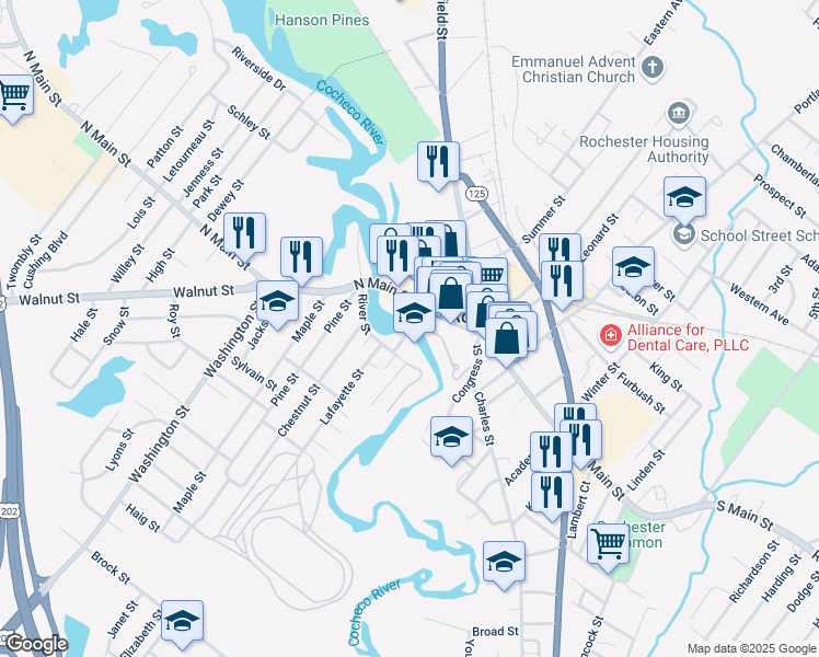 map of restaurants, bars, coffee shops, grocery stores, and more near 23 Bridge Street in Rochester