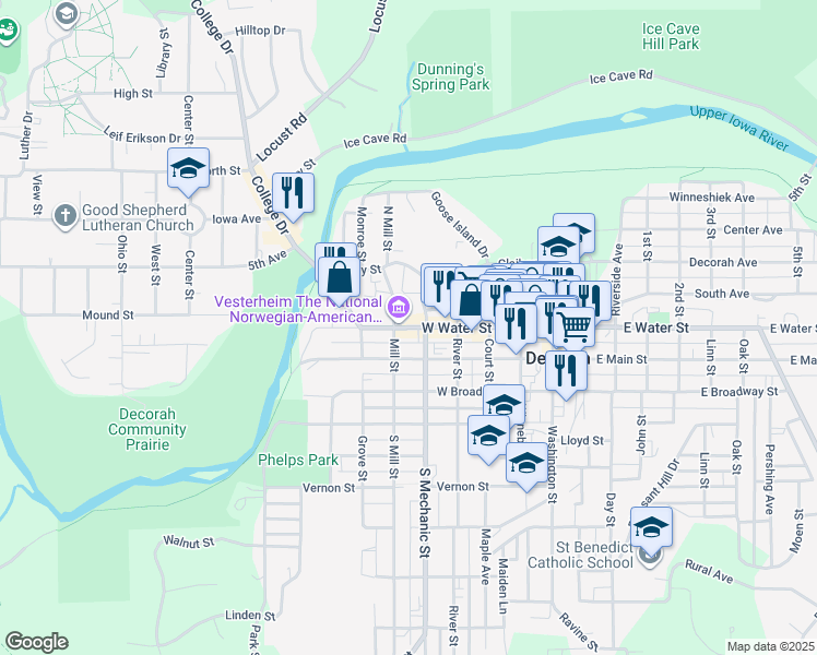 map of restaurants, bars, coffee shops, grocery stores, and more near 421 West Water Street in Decorah
