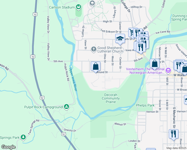 map of restaurants, bars, coffee shops, grocery stores, and more near 705 Serenity Drive in Decorah