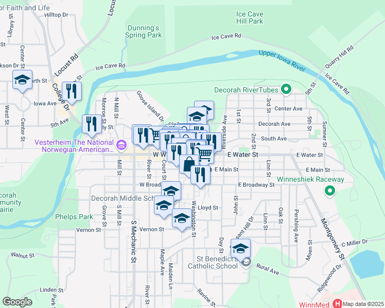 map of restaurants, bars, coffee shops, grocery stores, and more near 102 West Water Street in Decorah