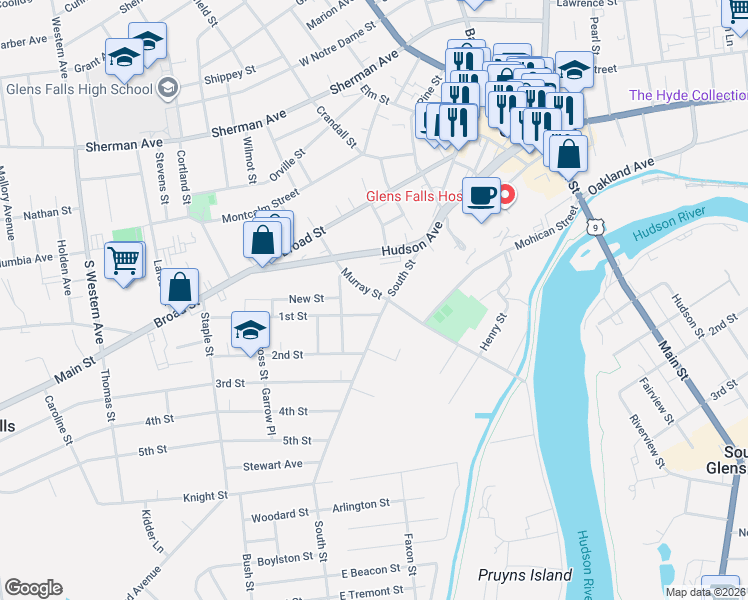 map of restaurants, bars, coffee shops, grocery stores, and more near 159 South Street in Glens Falls