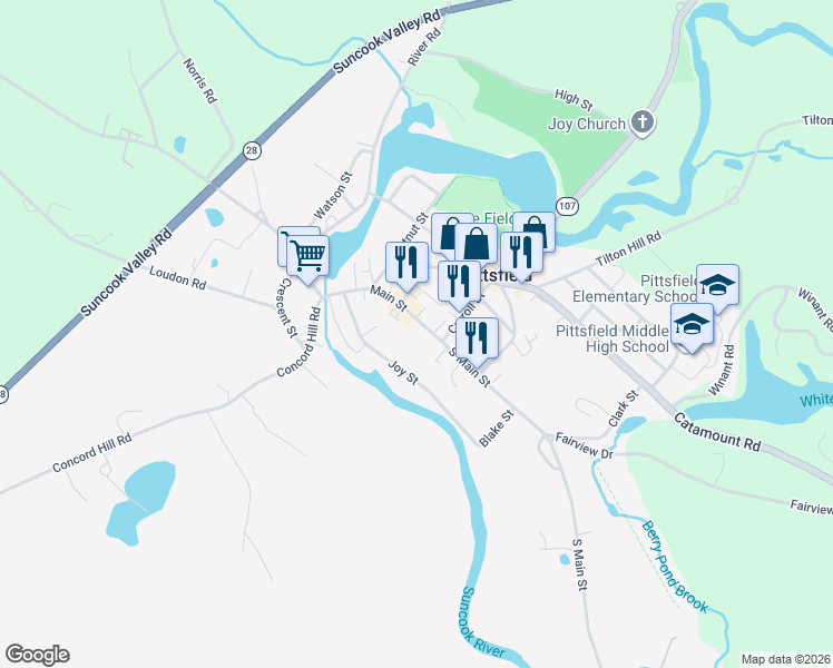 map of restaurants, bars, coffee shops, grocery stores, and more near 47 Main Street in Pittsfield