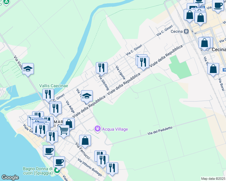 map of restaurants, bars, coffee shops, grocery stores, and more near 87 Viale della Repubblica in Cecina