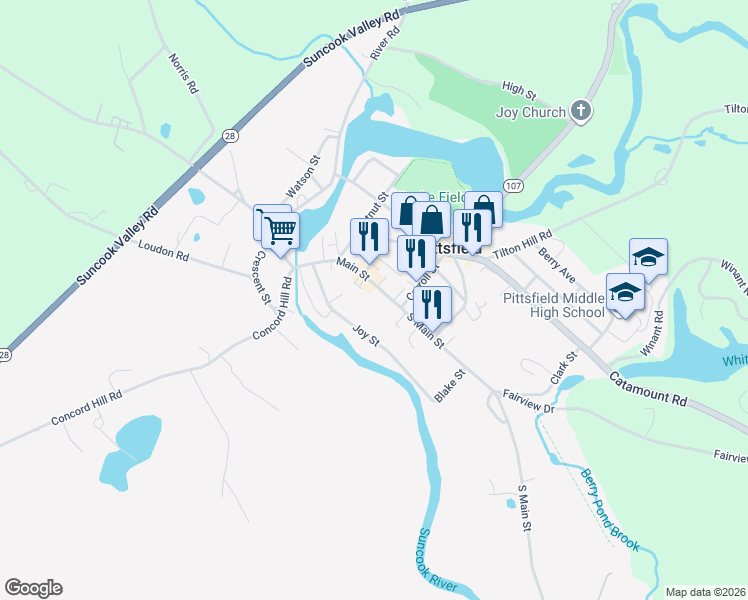 map of restaurants, bars, coffee shops, grocery stores, and more near 33 Main Street in Pittsfield