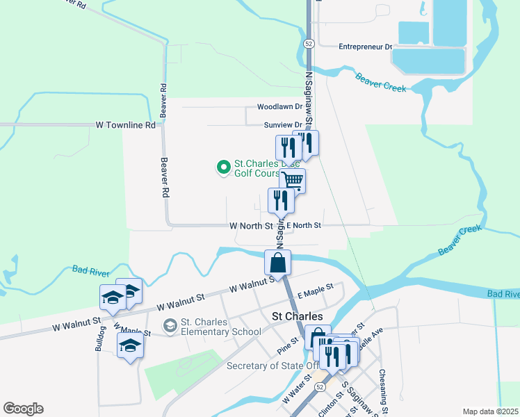 map of restaurants, bars, coffee shops, grocery stores, and more near 1050 Park Court in Saint Charles