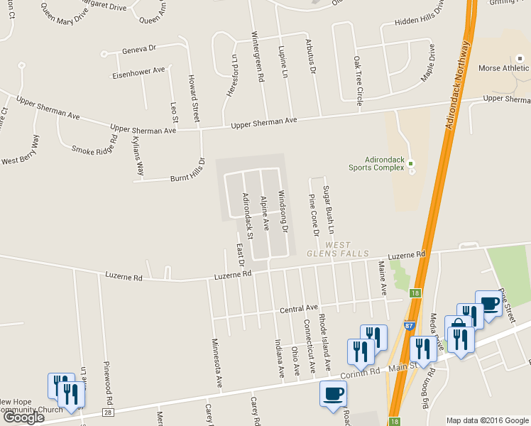 map of restaurants, bars, coffee shops, grocery stores, and more near Danville Lane in West Glens Falls