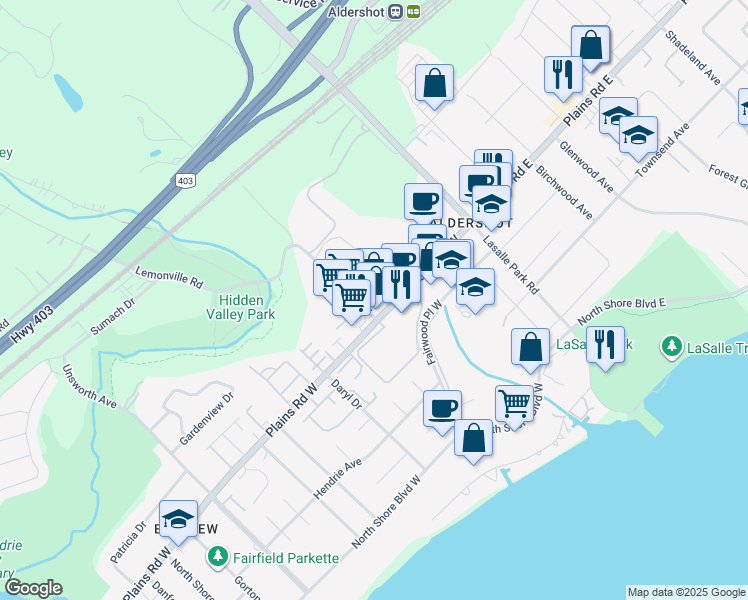 map of restaurants, bars, coffee shops, grocery stores, and more near 107 Plains Road West in Burlington