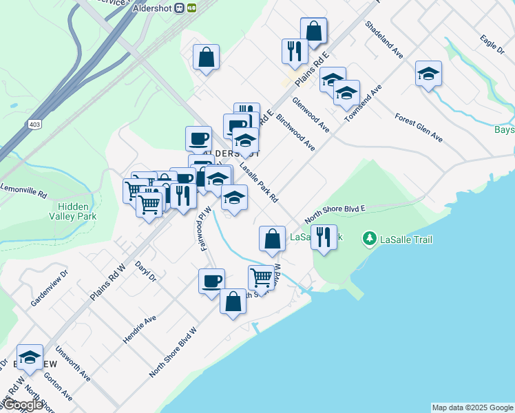 map of restaurants, bars, coffee shops, grocery stores, and more near 45 Aldershot Place in Burlington