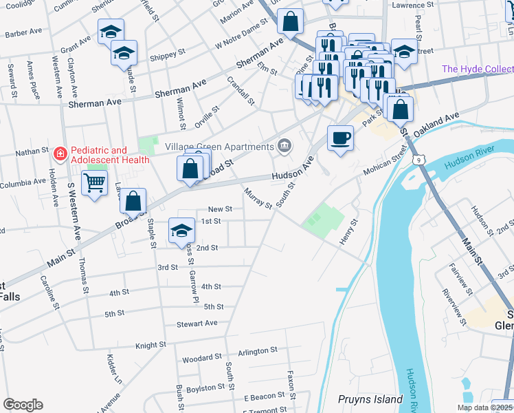 map of restaurants, bars, coffee shops, grocery stores, and more near 16 Hudson Avenue in Glens Falls