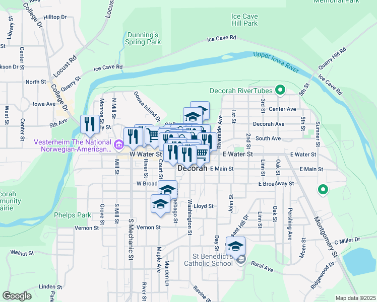 map of restaurants, bars, coffee shops, grocery stores, and more near 102 West Water Street in Decorah