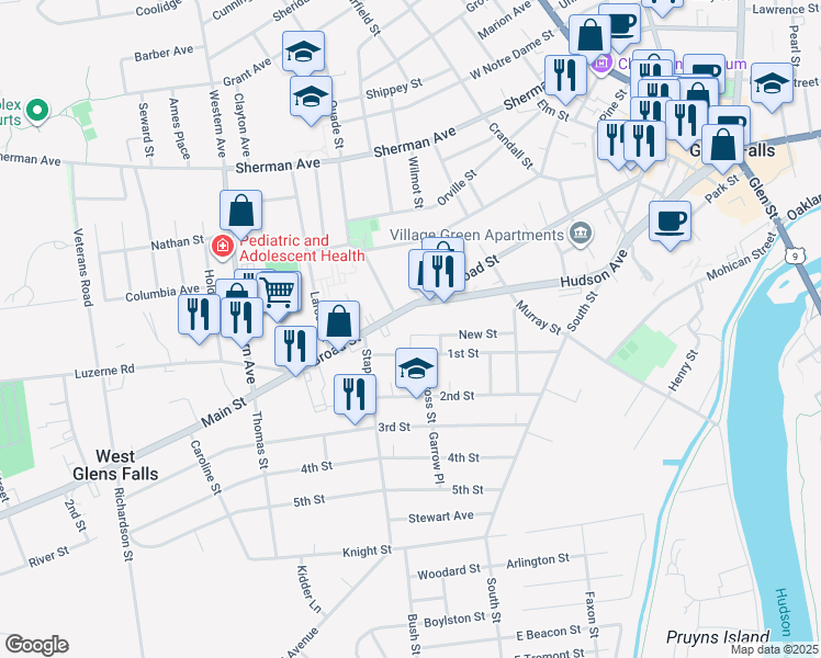 map of restaurants, bars, coffee shops, grocery stores, and more near 130 Broad Street in Glens Falls