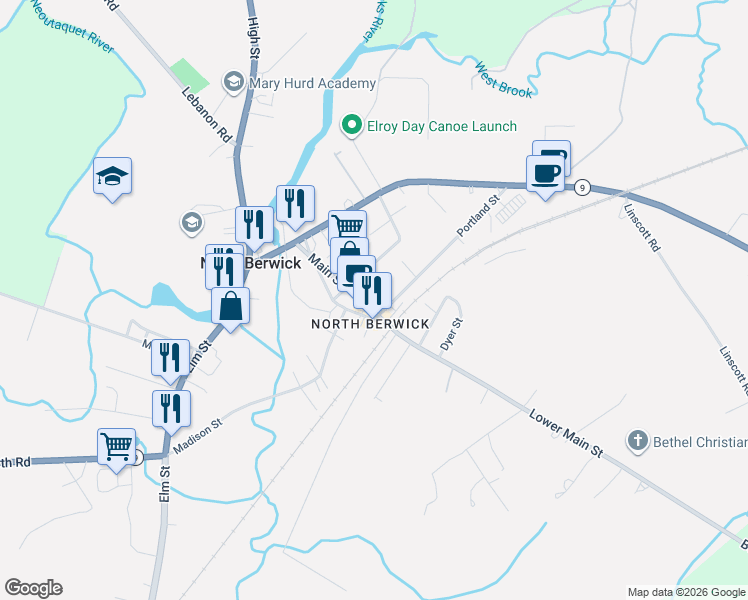 map of restaurants, bars, coffee shops, grocery stores, and more near 19 Portland Street in North Berwick