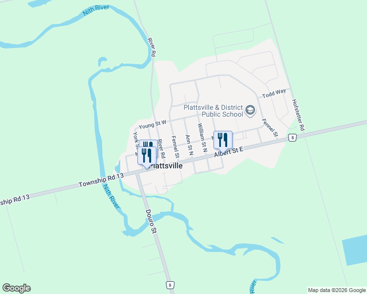 map of restaurants, bars, coffee shops, grocery stores, and more near 7 Mill Street East in Plattsville