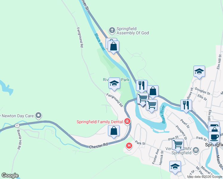 map of restaurants, bars, coffee shops, grocery stores, and more near 13 Fairground Road in Springfield