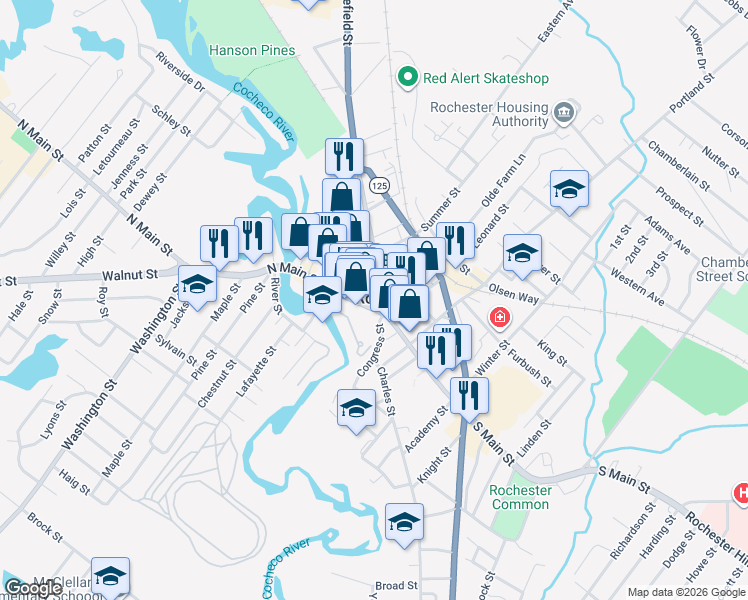 map of restaurants, bars, coffee shops, grocery stores, and more near 1 North Main Street in Rochester