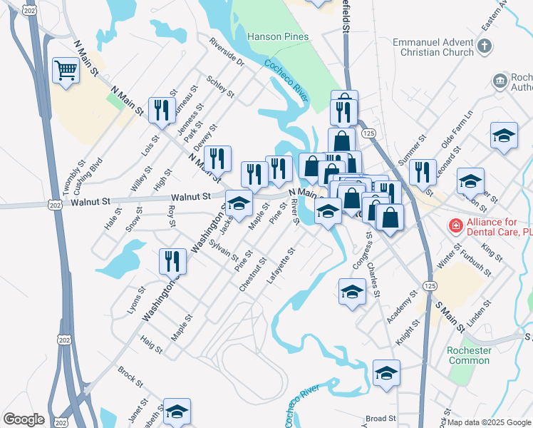 map of restaurants, bars, coffee shops, grocery stores, and more near 156 North Main Street in Rochester
