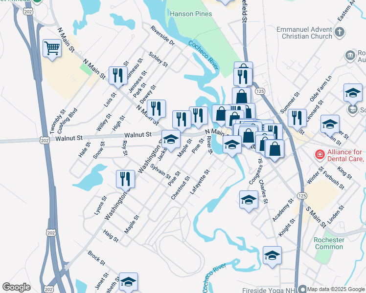 map of restaurants, bars, coffee shops, grocery stores, and more near 156 North Main Street in Rochester