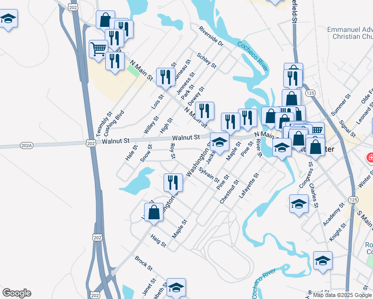 map of restaurants, bars, coffee shops, grocery stores, and more near 36 Walnut Street in Rochester