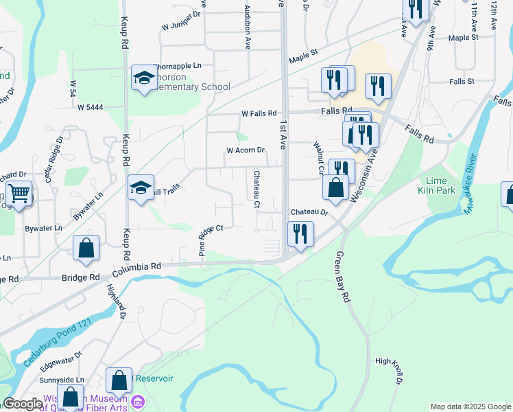 map of restaurants, bars, coffee shops, grocery stores, and more near 2076 Chateau Court in Grafton