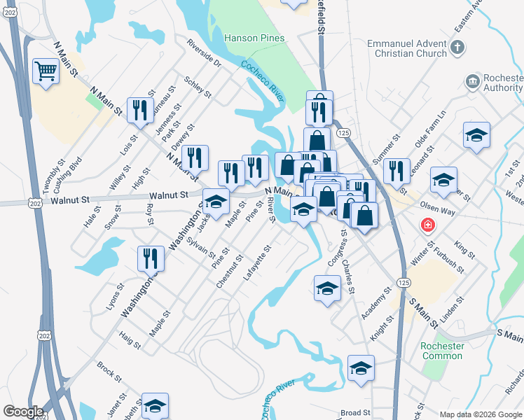 map of restaurants, bars, coffee shops, grocery stores, and more near 7 Pine Street in Rochester