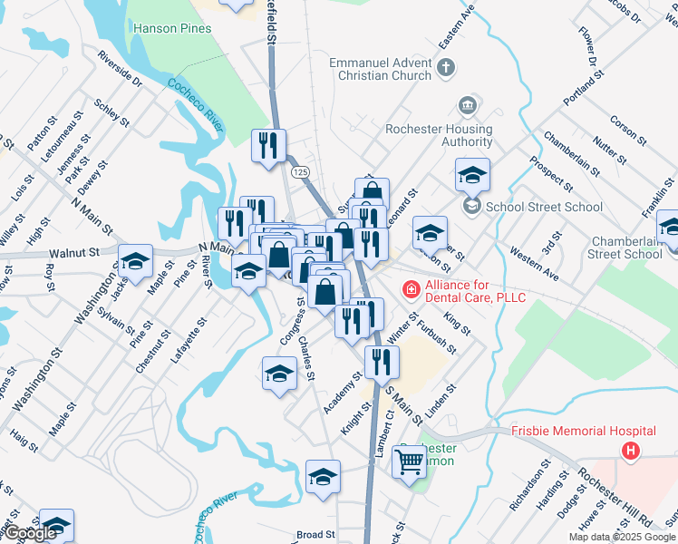 map of restaurants, bars, coffee shops, grocery stores, and more near 52 Hanson Street in Rochester